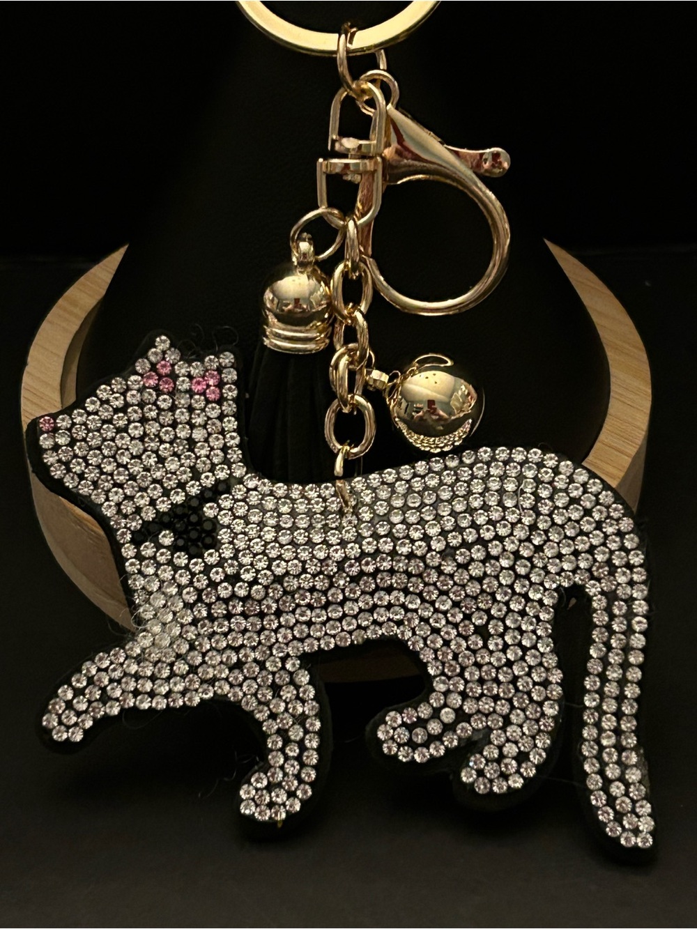 PREMIUM Puffy Silver & Black Crystal Cat Bag Charm Keychain w/Pink Accent